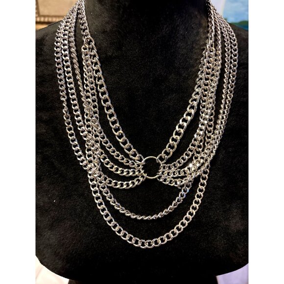 Layered Statement Back Necklace Silver Tone Chunky Curb Chain Pattern Princess - Picture 4 of 10